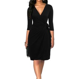 3/4 Sleeve V Neck Sheath Casual Party Work Faux Black Wrap Dress